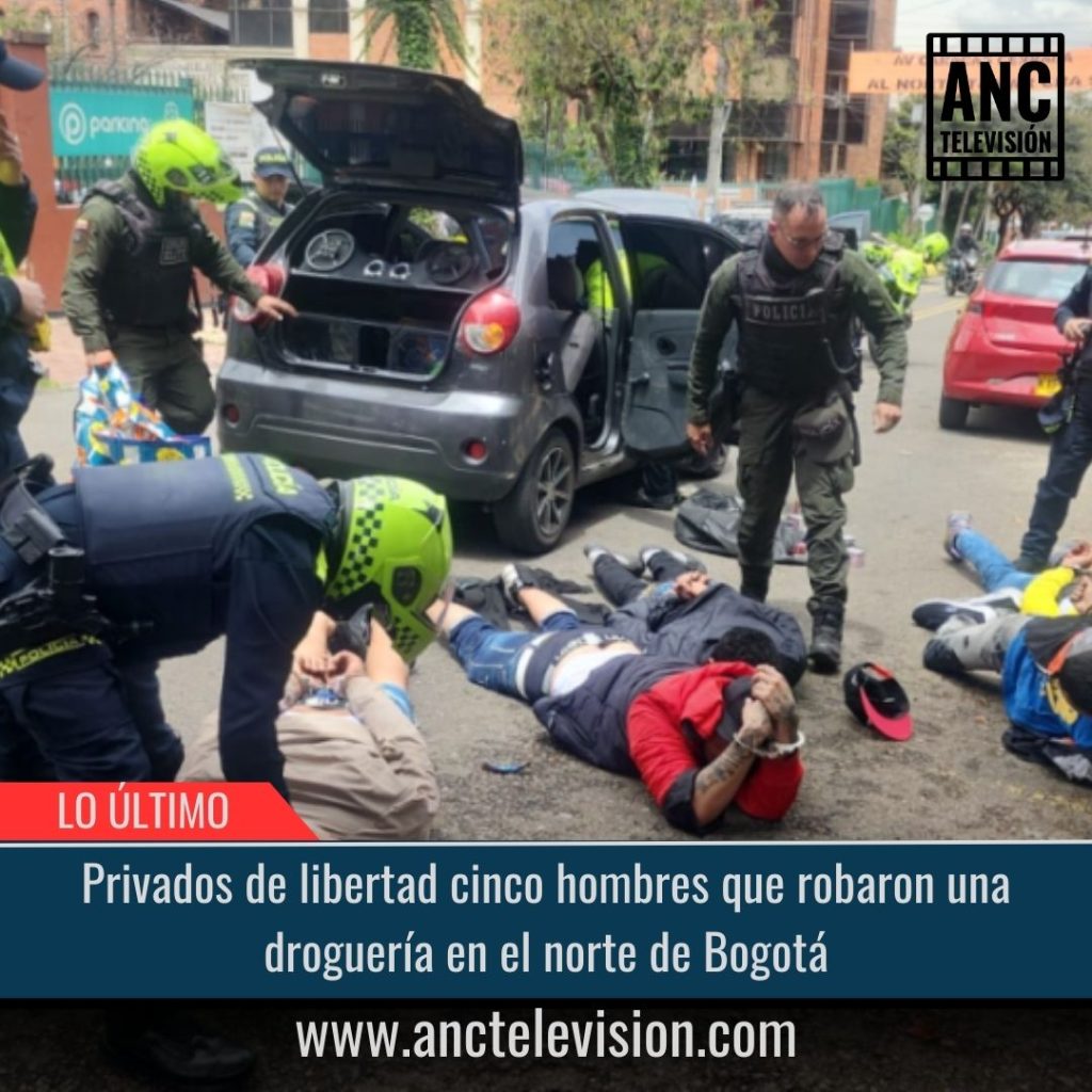 Hombres que robaron una droguería en el norte de Bogotá.
